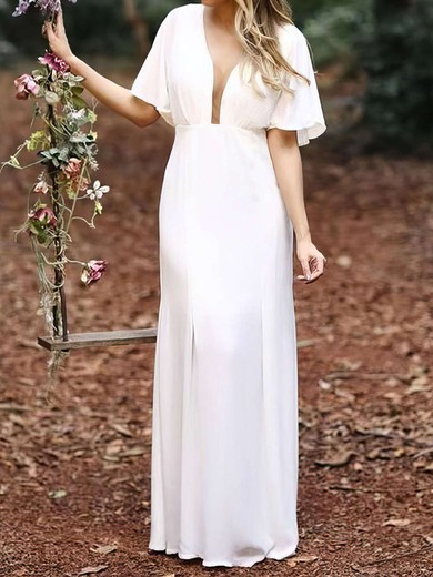 A-line V-neck Stretch Crepe Floor-length Wedding Dresses #UKM00023710