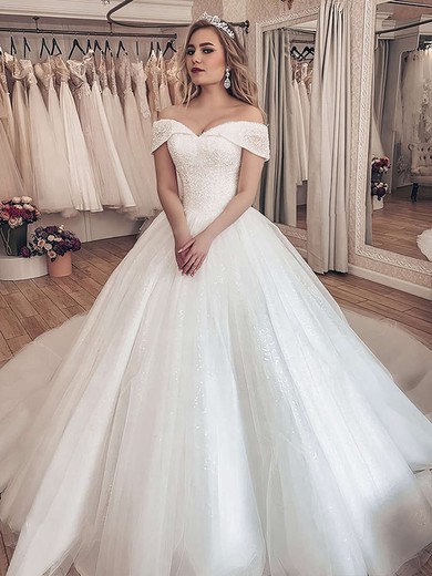 Ball Gown Off-the-shoulder Tulle Court Train Wedding Dresses With Beading #UKM00023712