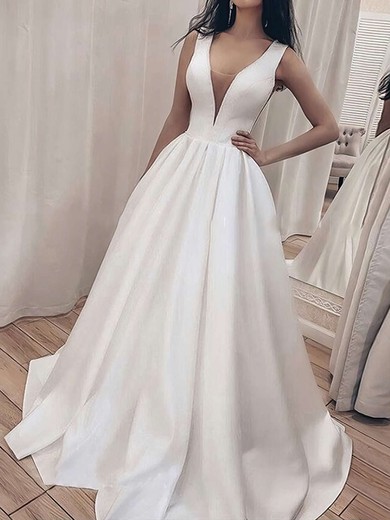 Ball Gown/Princess V-neck Satin Sweep Train Wedding Dresses #UKM00023713