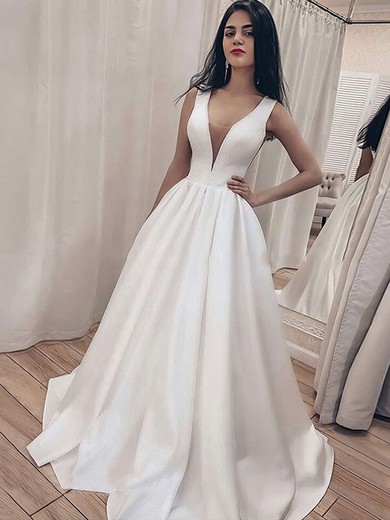 Ball Gown V-neck Satin Sweep Train Wedding Dresses #UKM00023713