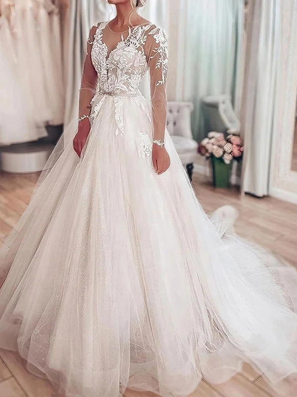 Ball Gown/Princess Illusion Tulle Sweep Train Wedding Dresses With Appliques Lace #UKM00023714