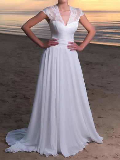 A-line V-neck Lace Chiffon Sweep Train Wedding Dresses With Sashes / Ribbons #UKM00023715