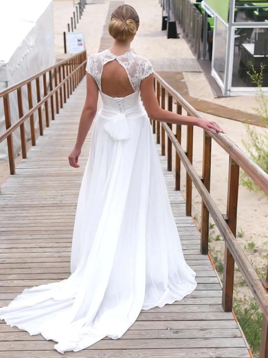 A-line V-neck Lace Chiffon Sweep Train Wedding Dresses With Sashes / Ribbons #UKM00023715