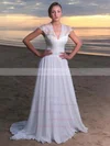 Lace Chiffon V-neck A-line Sweep Train Sashes / Ribbons Wedding Dresses #UKM00023715