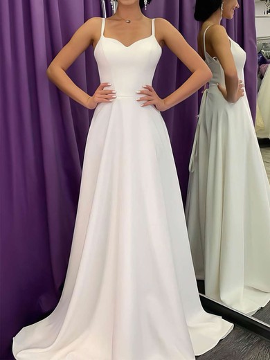 A-line V-neck Satin Sweep Train Wedding Dresses #UKM00023717