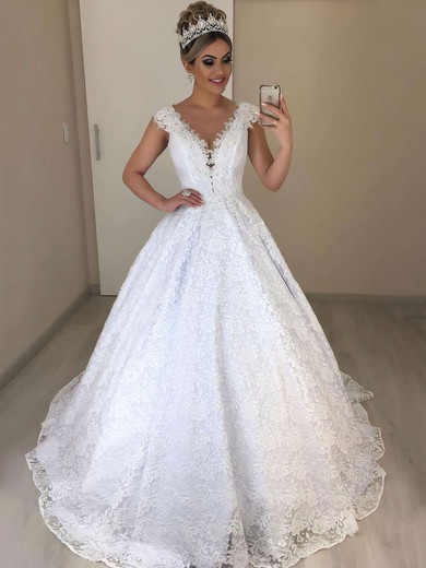 Ball Gown Illusion Lace Sweep Train Wedding Dresses With Appliques Lace #UKM00023718