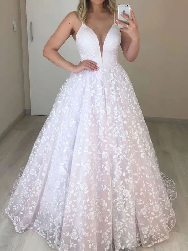 Ball Gown/Princess V-neck Lace Sweep Train Wedding Dresses #UKM00023719