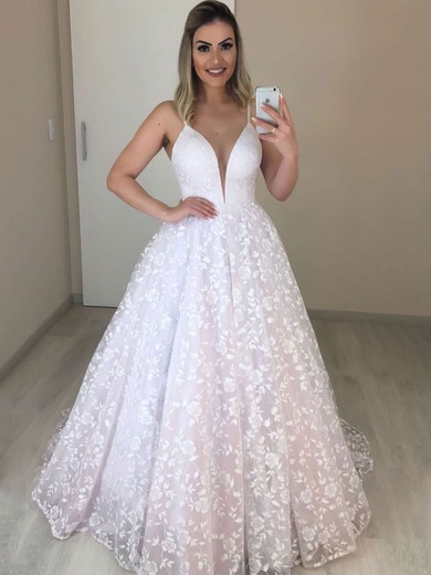 Lace V-neck Ball Gown Sweep Train Wedding Dresses #UKM00023719