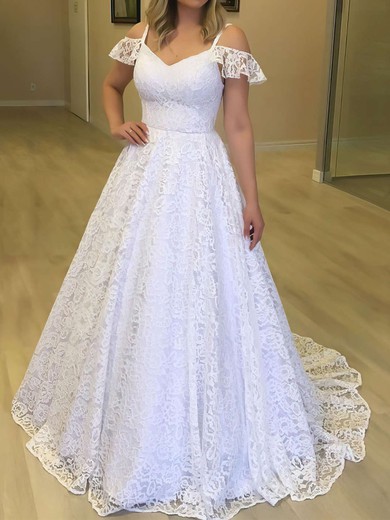 Ball Gown/Princess V-neck Lace Sweep Train Wedding Dresses #UKM00023720