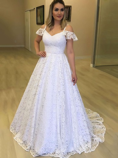 Lace V-neck Princess Sweep Train Wedding Dresses #UKM00023720