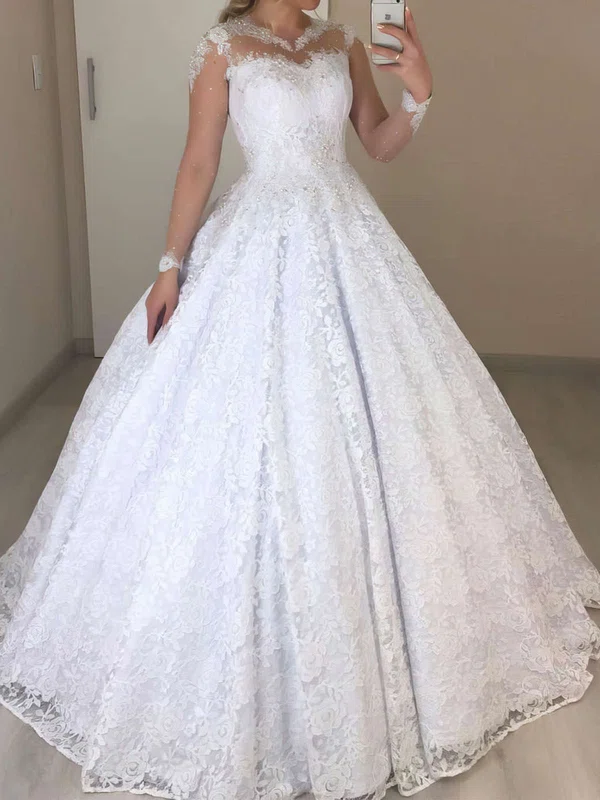 Ball Gown/Princess Illusion Lace Floor-length Wedding Dresses With Beading #UKM00023721