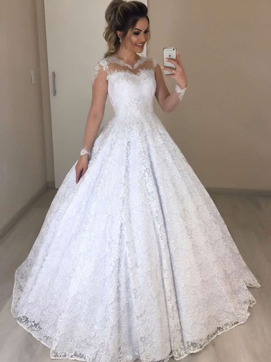 Lace Scoop Neck Ball Gown Floor-length Beading Wedding Dresses #UKM00023721
