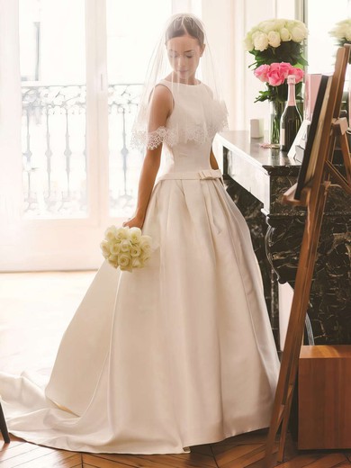 Ball Gown Scoop Neck Satin Sweep Train Wedding Dresses With Bow #UKM00023727