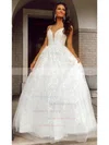 Tulle V-neck Princess Floor-length Appliques Lace Wedding Dresses #UKM00023731