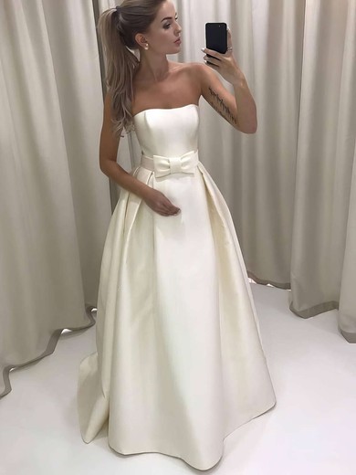 Satin Strapless A-line Floor-length Bow Wedding Dresses #UKM00023732