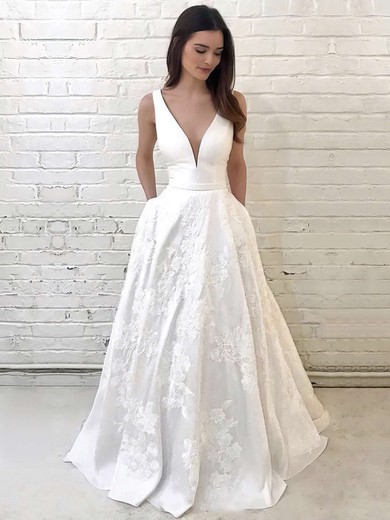 Satin V-neck A-line Floor-length Appliques Lace Wedding Dresses #UKM00023733