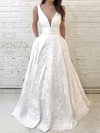 A-line V-neck Satin Floor-length Wedding Dresses With Pockets #UKM00023733