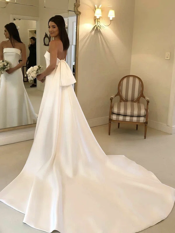 Satin Strapless A-line Court Train Wedding Dresses #UKM00023734