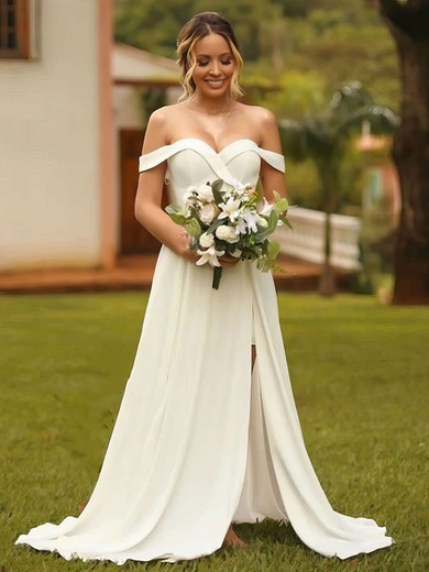 A-line Off-the-shoulder Silk-like Satin Sweep Train Wedding Dresses With Split Front #UKM00023735