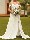 A-line Off-the-shoulder Silk-like Satin Sweep Train Wedding Dresses With Split Front #UKM00023735