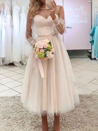 Ball Gown/Princess Illusion Tulle Ankle-length Wedding Dresses With Sashes / Ribbons #UKM00023736