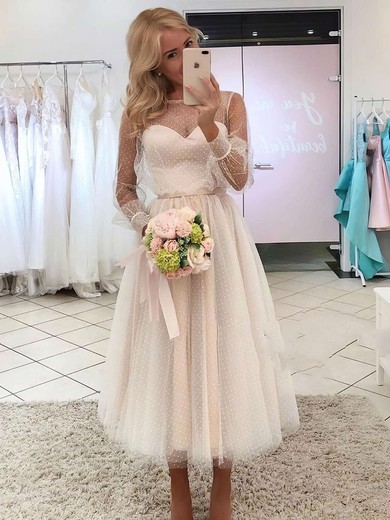Tulle Scoop Neck A-line Ankle-length Sashes / Ribbons Wedding Dresses #UKM00023736