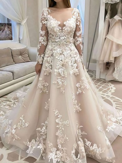 Ball Gown/Princess Illusion Organza Court Train Wedding Dresses With Appliques Lace #UKM00023737