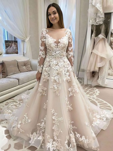 Organza Scoop Neck Ball Gown Court Train Appliques Lace Wedding Dresses #UKM00023737