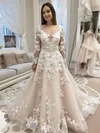 Ball Gown Illusion Organza Court Train Wedding Dresses With Appliques Lace #UKM00023737