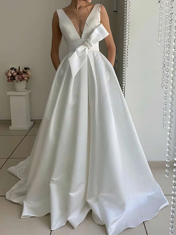 Ball Gown/Princess V-neck Satin Sweep Train Wedding Dresses With Pockets #UKM00023739