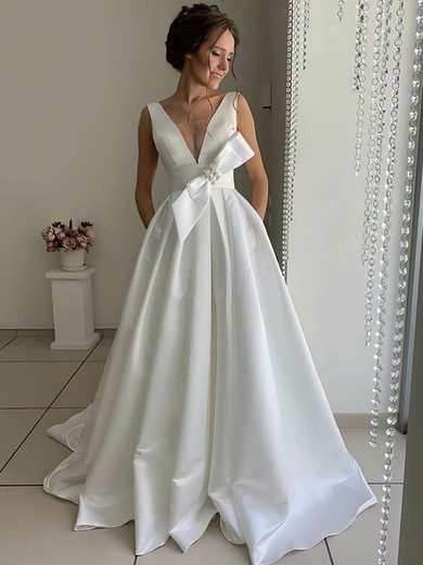 Ball Gown V-neck Satin Sweep Train Wedding Dresses With Pockets #UKM00023739