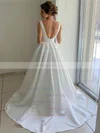 Satin V-neck A-line Sweep Train Bow Wedding Dresses #UKM00023739
