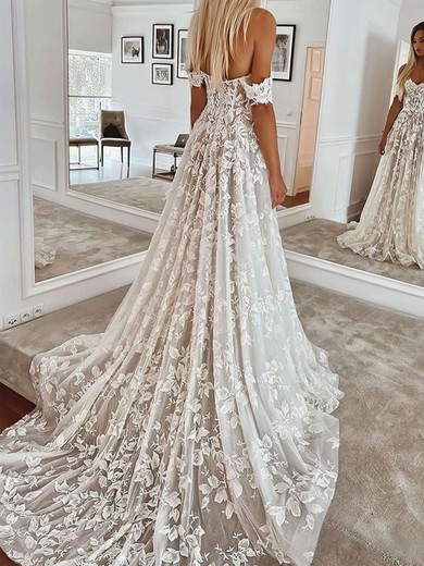 Ball Gown/Princess Off-the-shoulder Lace Sweep Train Wedding Dresses With Appliques Lace #UKM00023744