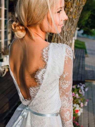 Lace V-neck A-line Short/Mini Sashes / Ribbons Wedding Dresses #UKM00023745
