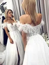 Tulle Off-the-shoulder A-line Sweep Train Appliques Lace Wedding Dresses #UKM00023746
