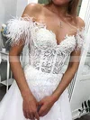 Tulle Off-the-shoulder A-line Sweep Train Appliques Lace Wedding Dresses #UKM00023746