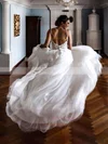 Tulle V-neck Princess Sweep Train Appliques Lace Wedding Dresses #UKM00023748