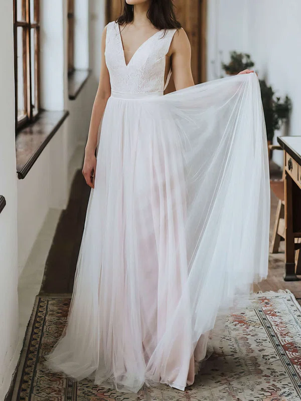 A-line V-neck Tulle Floor-length Wedding Dresses With Lace #UKM00023749