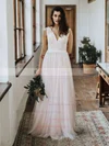 Tulle V-neck A-line Floor-length Sashes / Ribbons Wedding Dresses #UKM00023749