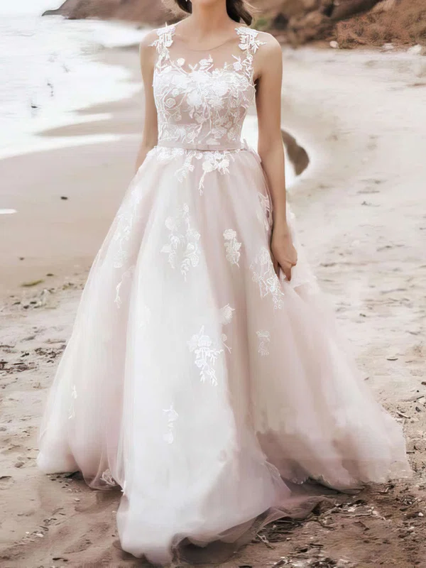 Ball Gown/Princess Illusion Tulle Sweep Train Wedding Dresses With Appliques Lace #UKM00023750