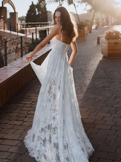 Lace Sweetheart A-line Sweep Train Split Front Wedding Dresses #UKM00023752