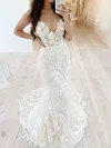 Trumpet/Mermaid V-neck Lace Sweep Train Wedding Dresses With Appliques Lace #UKM00023756