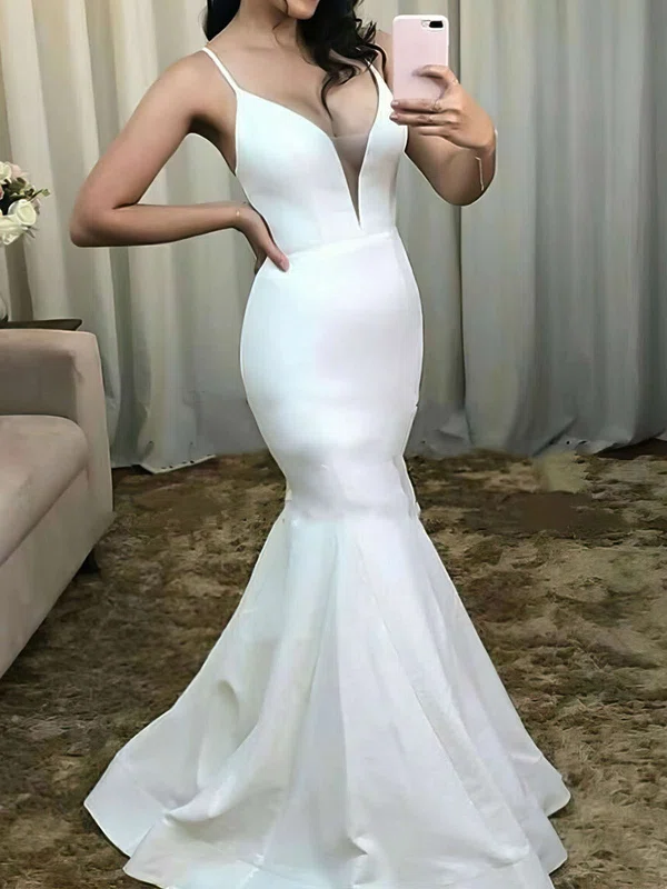 Trumpet/Mermaid V-neck Satin Sweep Train Wedding Dresses #UKM00023758