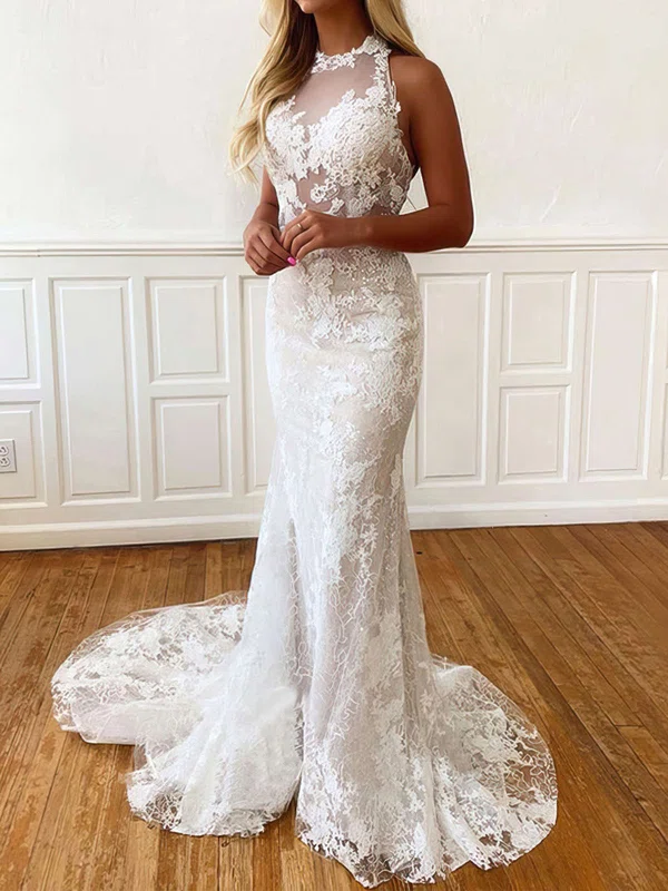 Trumpet/Mermaid Halter Lace Sweep Train Wedding Dresses With Appliques Lace #UKM00023759