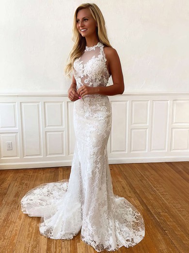 Trumpet/Mermaid Halter Lace Sweep Train Wedding Dresses With Appliques Lace #UKM00023759