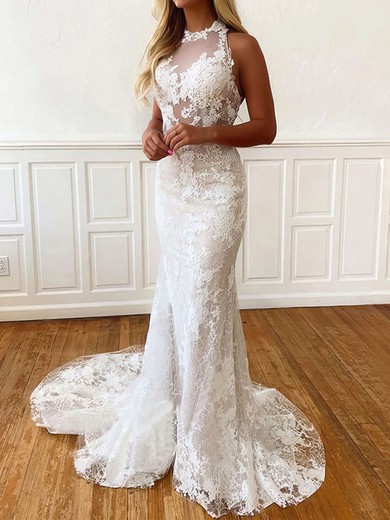 Trumpet/Mermaid Halter Lace Sweep Train Wedding Dresses With Appliques Lace #UKM00023759