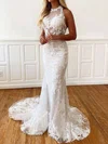 Trumpet/Mermaid Halter Lace Sweep Train Wedding Dresses With Appliques Lace #UKM00023759