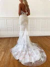 Lace Halter Trumpet/Mermaid Sweep Train Appliques Lace Wedding Dresses #UKM00023759