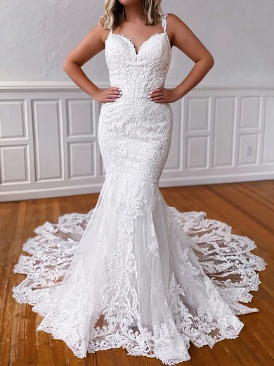 Trumpet/Mermaid V-neck Tulle Court Train Wedding Dresses With Appliques Lace #UKM00023760