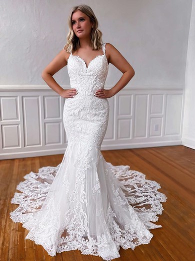 Trumpet/Mermaid V-neck Tulle Court Train Wedding Dresses With Appliques Lace #UKM00023760